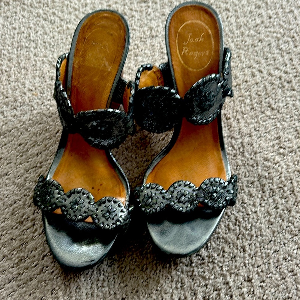 Size 8M Jack Rodger’s wedge heel silver  sandals. Good condition!